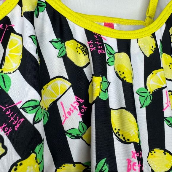 Betsy Johnson bikini top ruffle frilly Pom Pom trim Lemons π striped pink cute - Picture 6 of 12